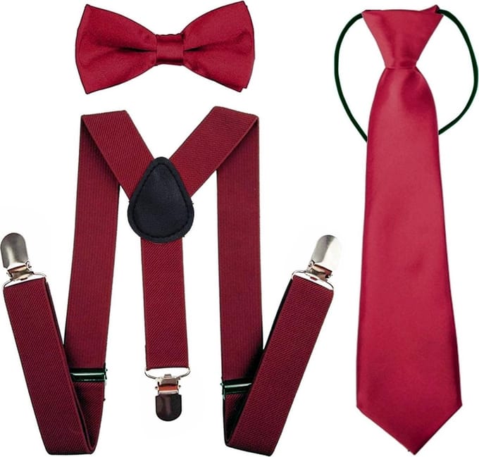 Fako Fashion - Kinder Bretels, Vlinderstrik & Stropdas - Set - Donkerrood