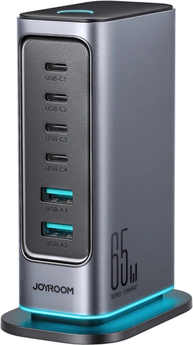 Joyroom R-TCM02 Multiport GaN Charger 65W EU 4x USB-C 2x USB-A - Dark Gray USB hub - 6 - USB 2.0 - Grijs