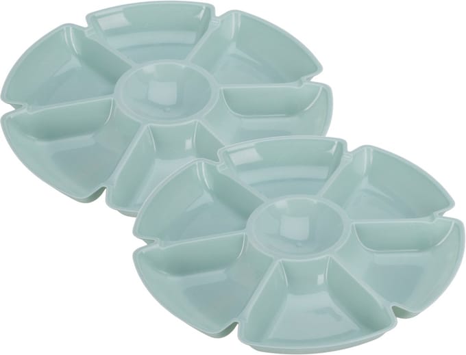 Excellent Houseware Hapjes / chips serveerschaal - 2x - lichtblauw - D29 cm - vakjes dienblad - kunststof
