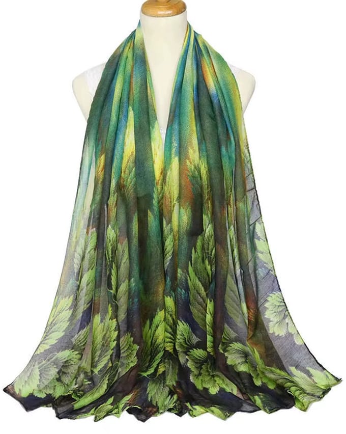 Groene Bladprint Sjaal 180x80 cm – Elegante Dames Sjaal met Natuurdesign van Polyester