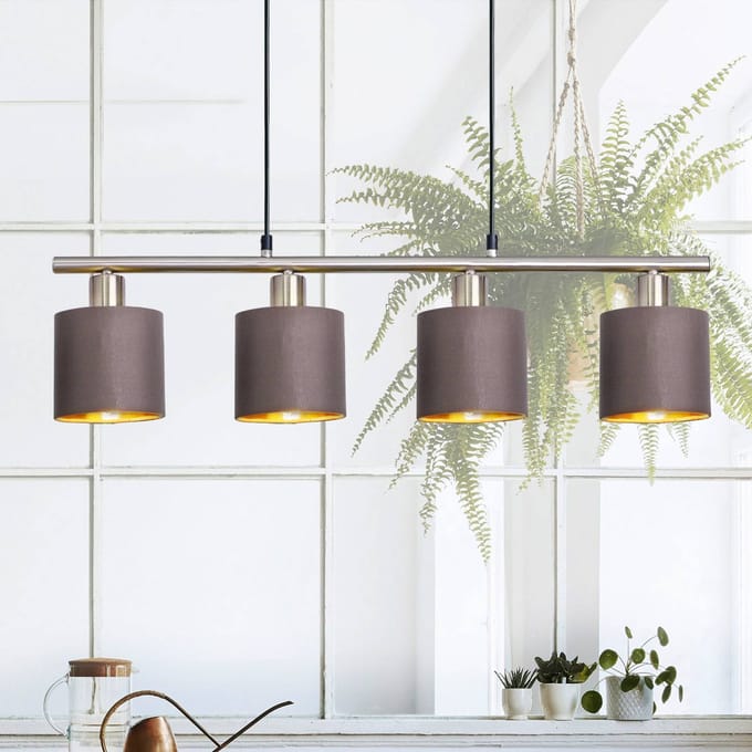 Hanglamp Plafondlamp "Maron" 4 spots lengte 72 cm Hoogte 140cm Textiel Chroom Bruin