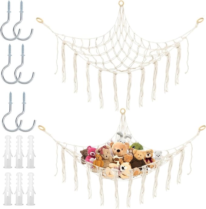 Set van 2 Opbergnetten voor Knuffels - Boho Macramé Hangmat voor Speelgoedopslag en Kinderkamer Decoratie