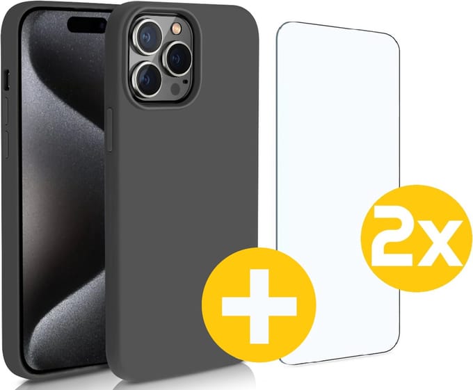 Hoesje en Screenprotector Combi Geschikt Voor iPhone 15 Pro - Zwarte Siliconen Hoesje + 2x Screenprotector