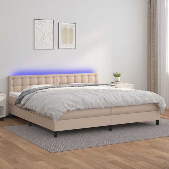 vidaXL - Boxspring - met - matras - en - LED - kunstleer - cappuccinokleur - 200x200cm