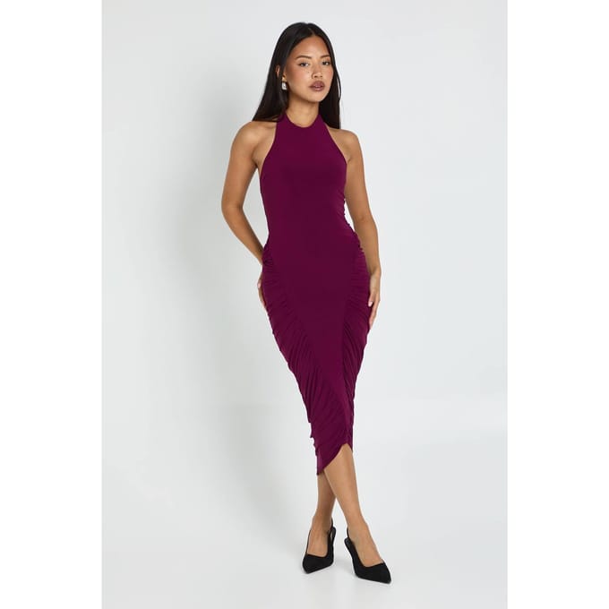 boohoo Dames Petite geraffelde panel halterneck midaxi-jurk | Pruim | Maat: 42