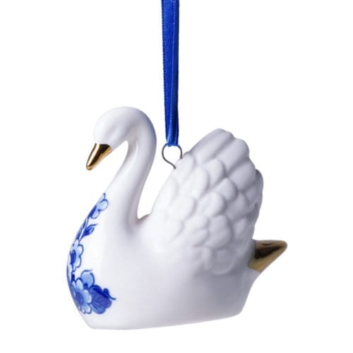 Heinen delfts blauw kerstornament - zwaan, 5 cm