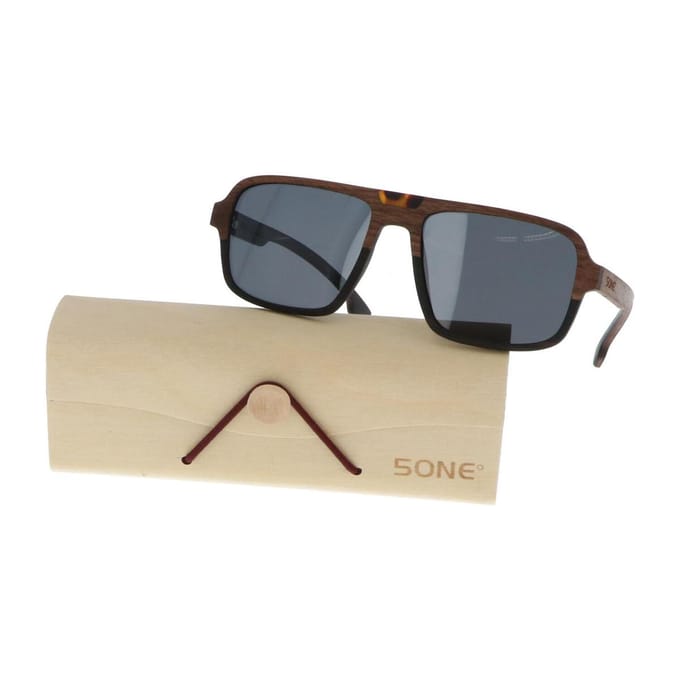 5one® Piloot Walnut Square - walnoot Houten Zonnebril - grijze lens