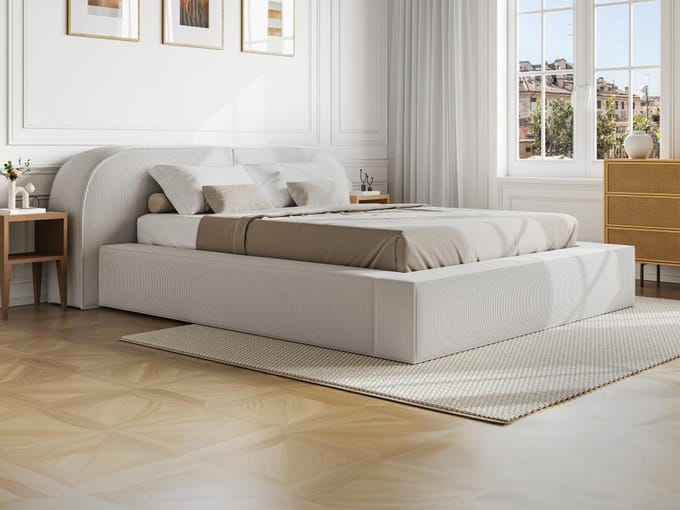 Vente-unique Bed met opbergruimte fluweel crème 180 x 200 cm (Super King Size Bed)
