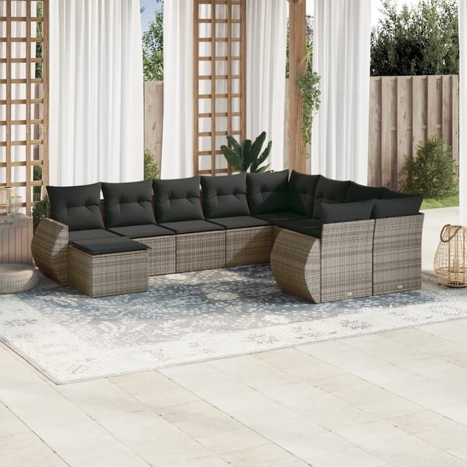 vidaXL - 10-delige - Loungeset - met - kussens - poly - rattan - grijs