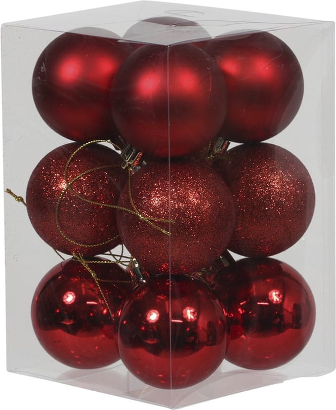 Othmar Decorations Kerstballen - 12x st - rood - D6 cm - kunststof - glans/glitter/mat - kerstversiering