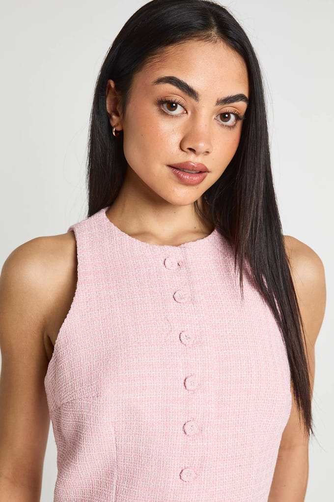 boohoo Dames Boucle Mini-jurk Met Knoopsluiting En Getailleerde Pasvorm | Baby Roze | Maat: 42