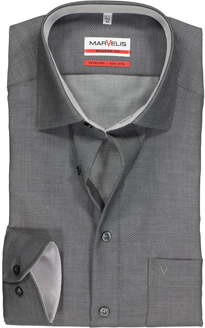 MARVELIS modern fit overhemd - zwart structuur (contrast) - Strijkvrij - Boordmaat: 44