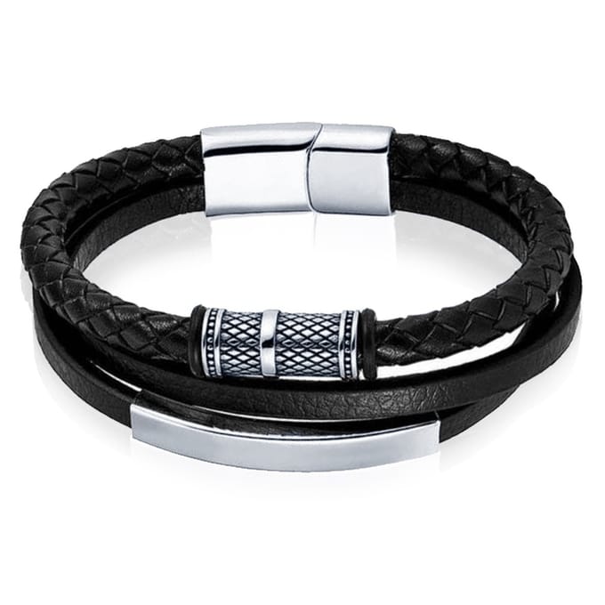 Mendes multi armband leer RVS Kraal Zwart Zilverkleurig-18.5cm