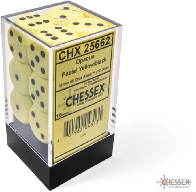 Chessex 12 x D6 Set Opaque Pastel 16mm - Yellow/Black