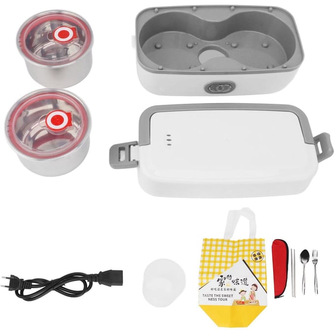 Elektrische Lunchbox 2 Compartimenten Snelle Verwarming Roestvrij Staal Lekdicht Voedselverwarmer Warmer voor L(for 6.5-9kg) gray