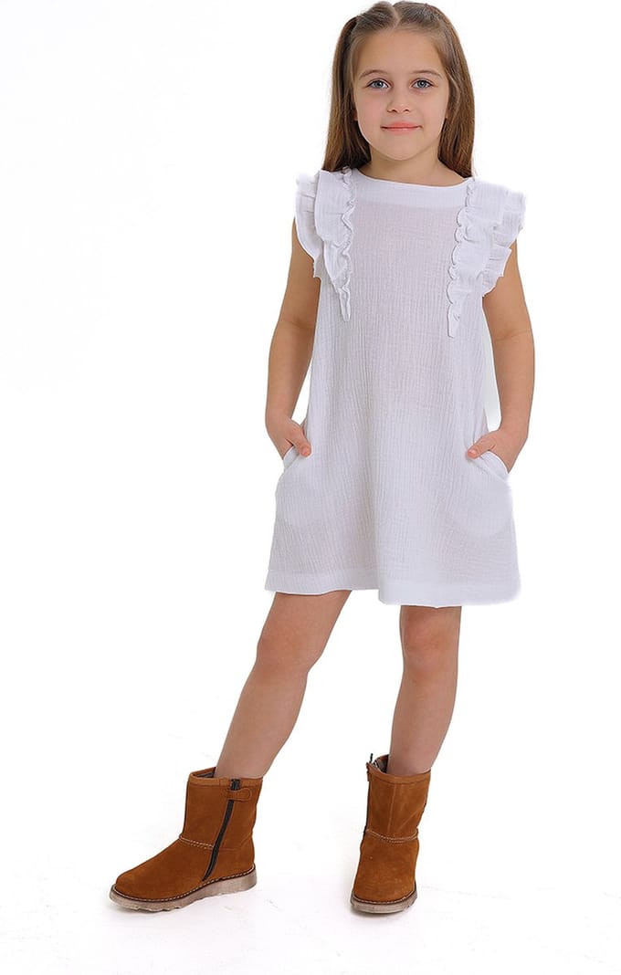 RobyKris Meisjes Jurk - Katoenen mousseline - Wit - Maat 98-104