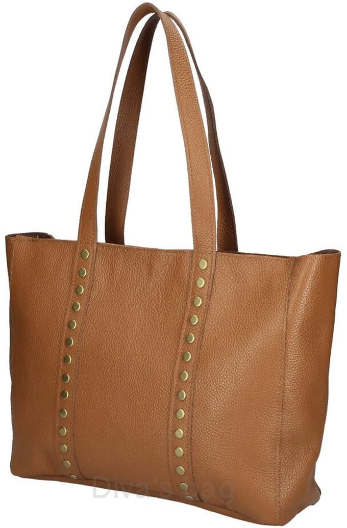 Maxi leren tas met messing studs - brede schouderband - shopper - kleur COGNAC