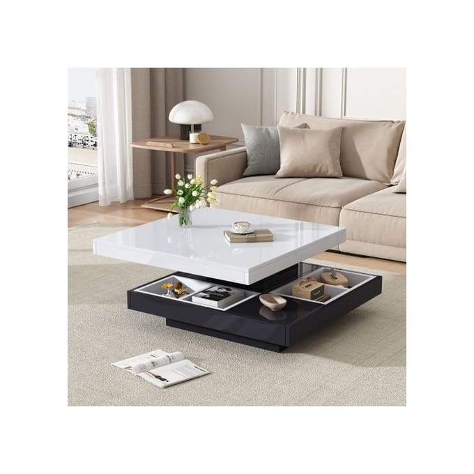 Table basse fonctionnelle avec plateau brillant, plateau pivotant à 2 niveaux avec compartiments de rangement, base noire 70*70*36cm
