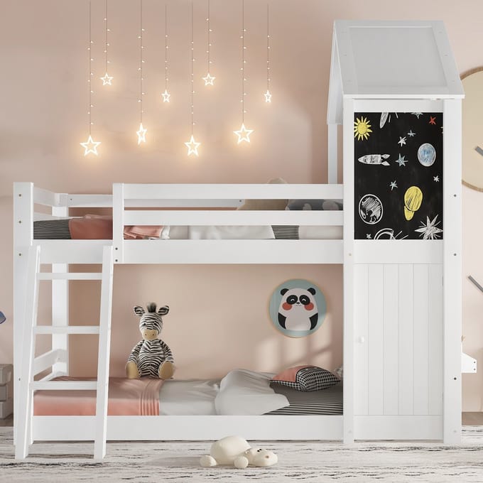 Sweiko Stapelbed - 90x200cm - Met krijtbord - Kinderbed - Pinewood + MDF - Wit