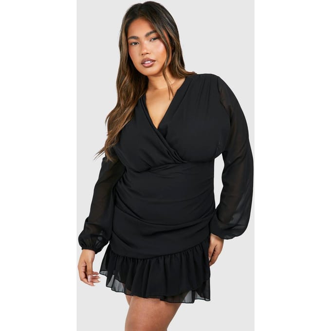 boohoo Dames Plus Chiffon Ruffle Wrap Jurk | Zwart | Maat: 56