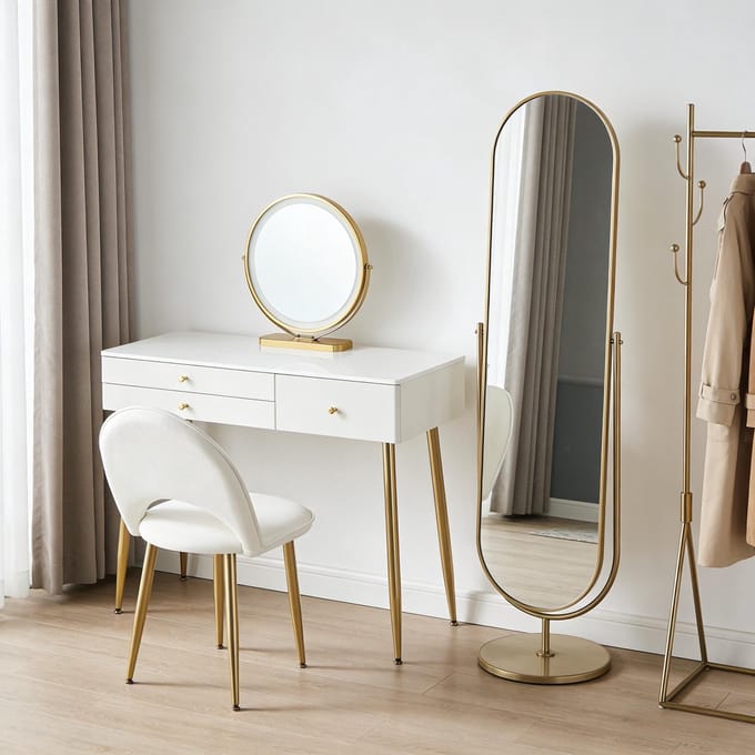 MODFU Kaptafelset - Ronde Spiegel Met Verstelbare LED - Modern - MDF En Metaal - Wit En Goud - 100 x 40 x 122 cm