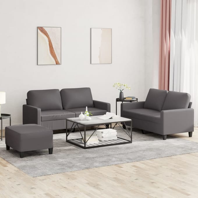 vidaXL - 3-delige - Loungeset - met - kussens - kunstleer - grijs