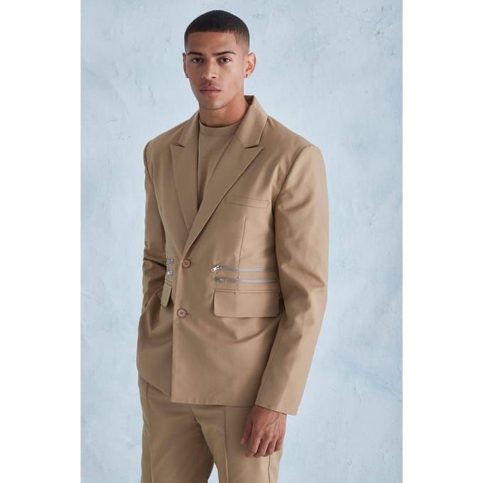 Oversized Boxy Zip Suit Jacket | Camel | Size 48