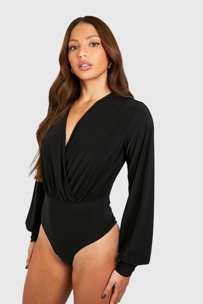 boohoo Dames Lange Wrap-Bodysuit met Blousonmouwen | Black | Maat: 8