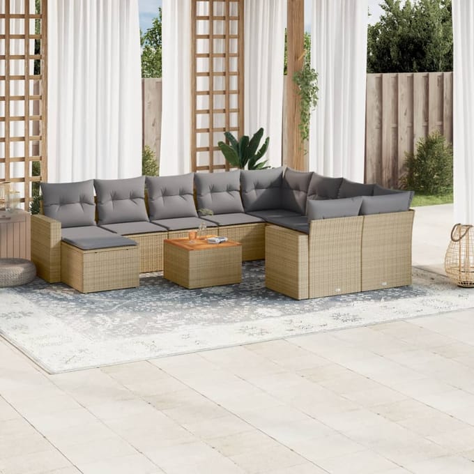 vidaXL - 11-delige - Tuinset - met - kussens - poly - rattan - beige