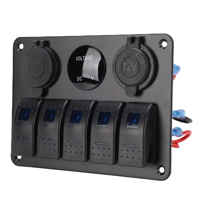 5-voudige tuimelschakelaar Aluminium paneel met blauwe achtergrond Dubbele USB-poorten Voltmeter Waterdicht Aan Uit tuimelschakelaar black