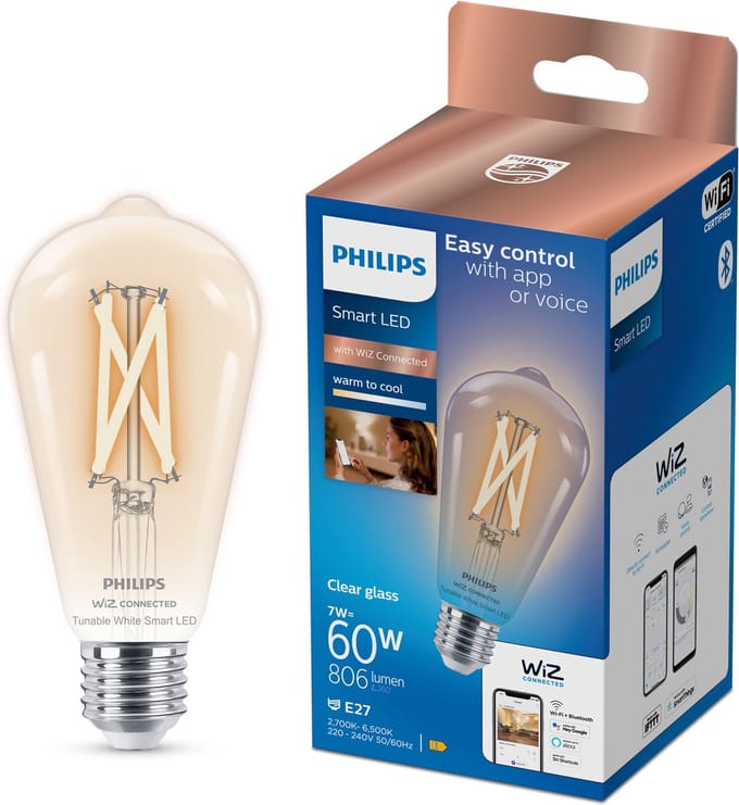 Philips Smart Lighting - Edison Filament - Slimme LED-Verlichting - Warm- tot Koelwit Licht - E27 - 60W - Transparant - Wi-Fi