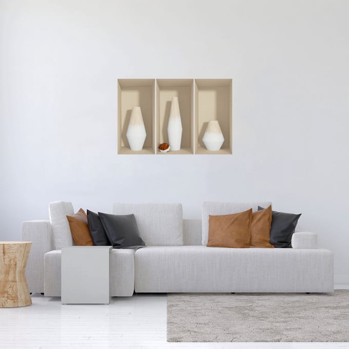 3D-effect sticker van witte houten vazen, 80 x 120 cm