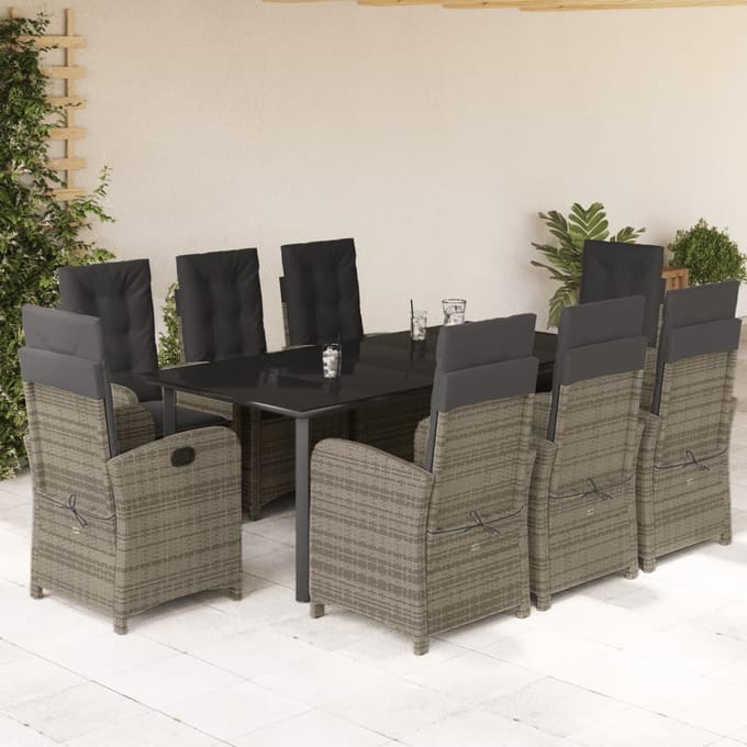 vidaXL - 9-delige - Tuinset - met - kussens - poly - rattan - grijs