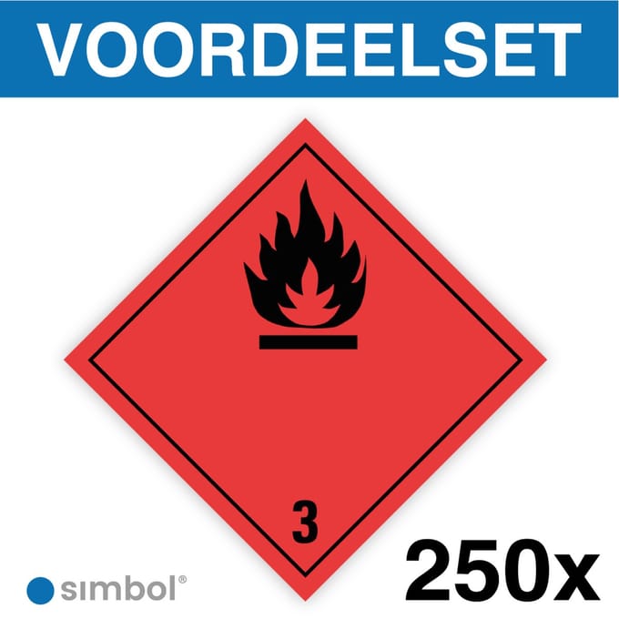 Voordeelset van 250 Stickers ADR 3.0 Flammable Liquid - Formaat 25 x 25 cm.