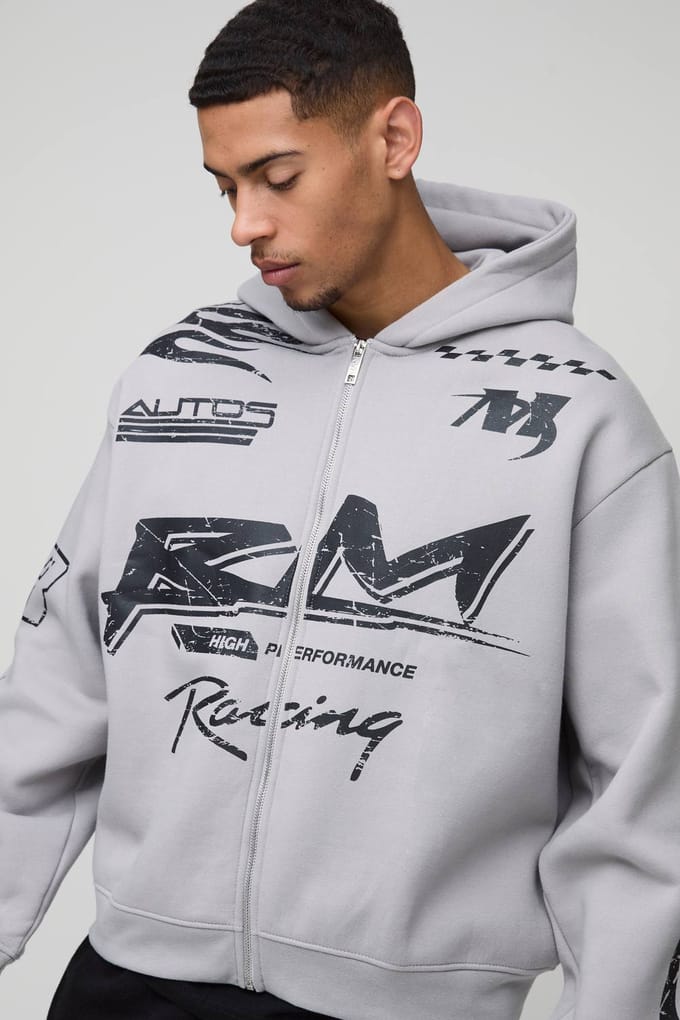 Oversized Boxy Moto Racing Flame Zip Through Hoodie | Grey | Size Small