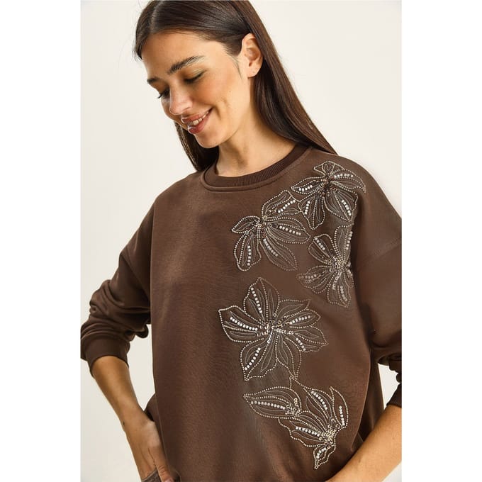 Bloemrijke Versierde Ronde Hals Relaxe Fit Sweatshirt