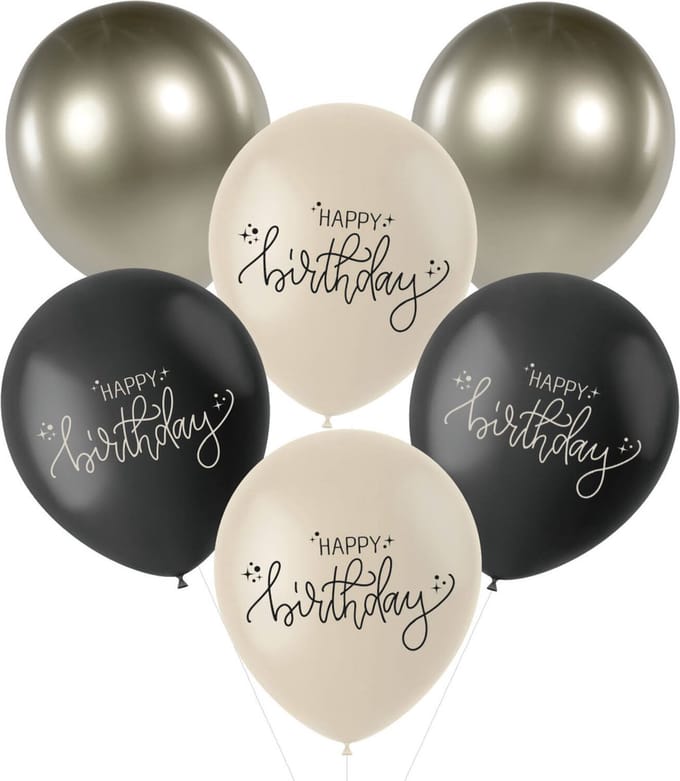 Folat - Crème noir ballonnen happy birthday - 6 stuks