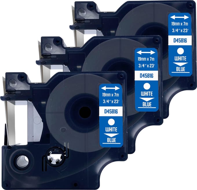 DULA Dymo D1 45816 Compatible label tape - 3 lettertapes - Wit op blauw - 19mm x 7m