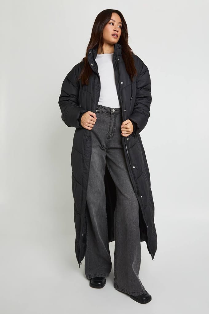 boohoo Dames Lange capuchon met quilt-detail maxi donsjas | Black | Maat: 6
