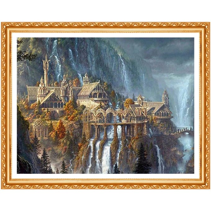 Peinture de diamant 5d à faire soi-même, Kits de points de croix avec cascade naturelle, décor de motif de château complet 20X30CM gray