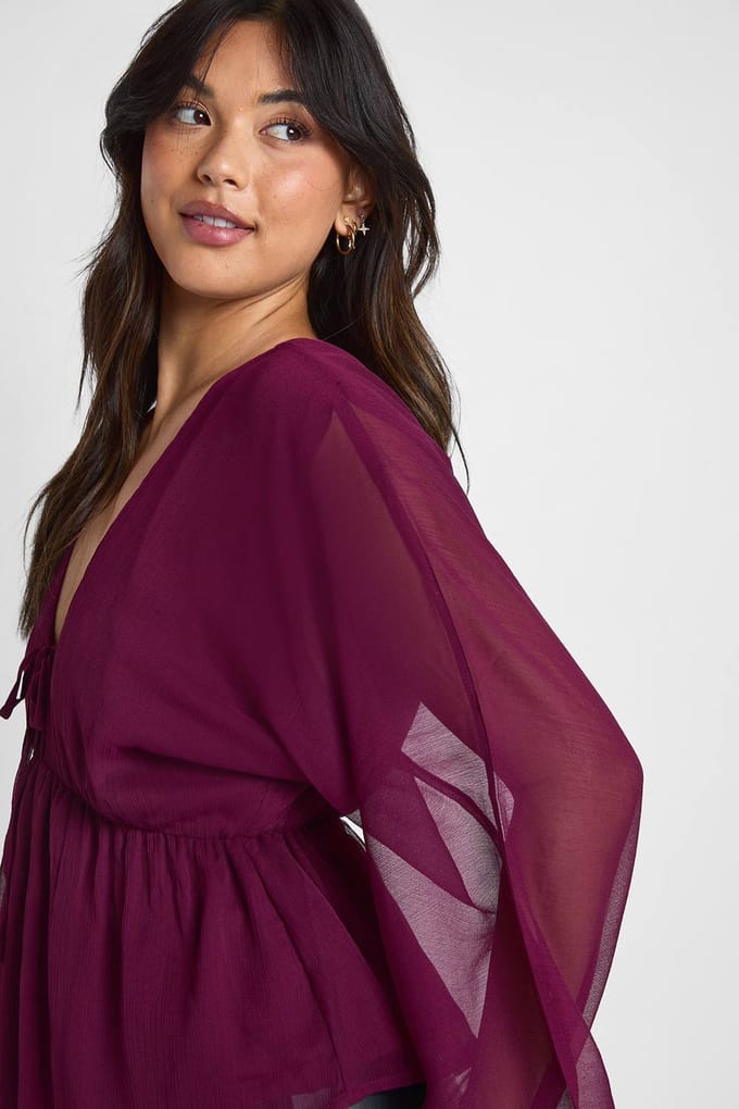boohoo Dames Chiffon blouse met strik aan de voorkant en volume | Wine | Maat: 10