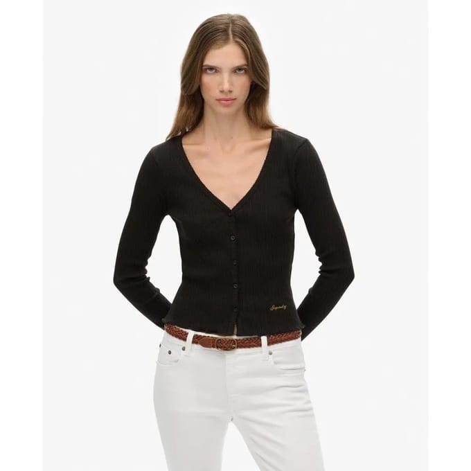 Superdry Essential Doorknoop Top met Lange Mouwen Black Grootte: 44