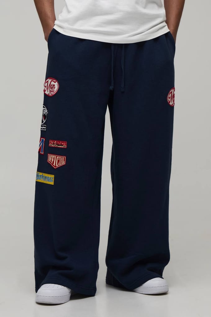Extreme Wijde Pijpen Lage Kruis Moto Badge Joggingbroek | Navy | Size Medium
