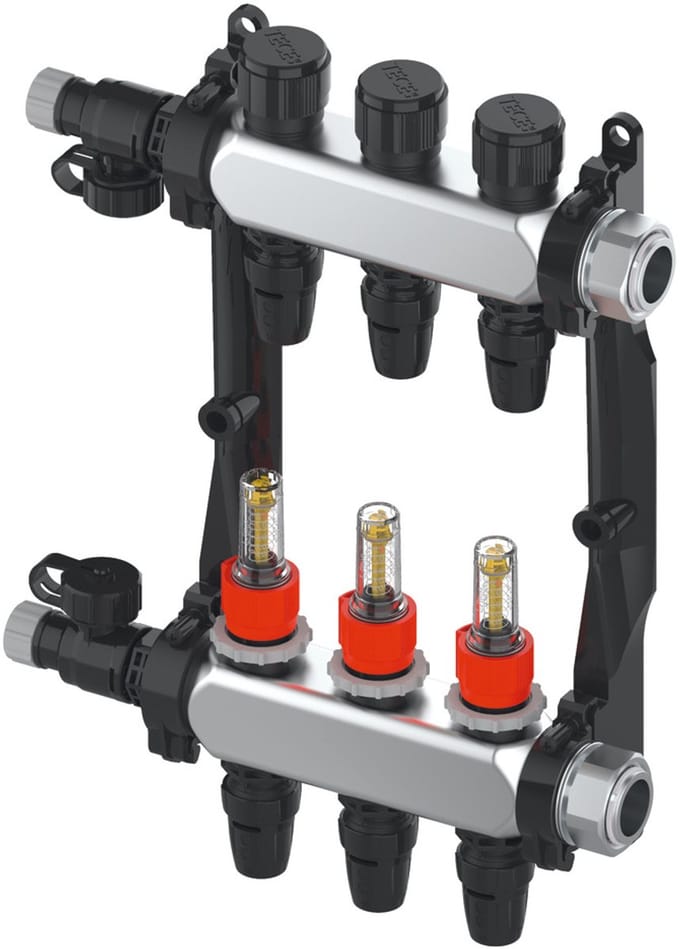TECE TECEfloor rvs verdeler type TECElogo-Push met flowmeter, 11 groepen, 1" bi.dr., vlakke dichting, 77311111
