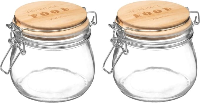 5Five Weckpot/voorraadpot - 2x stuks - 500 ml - glas - houten deksel en beugelsluiting - luchtdichte afsluiting