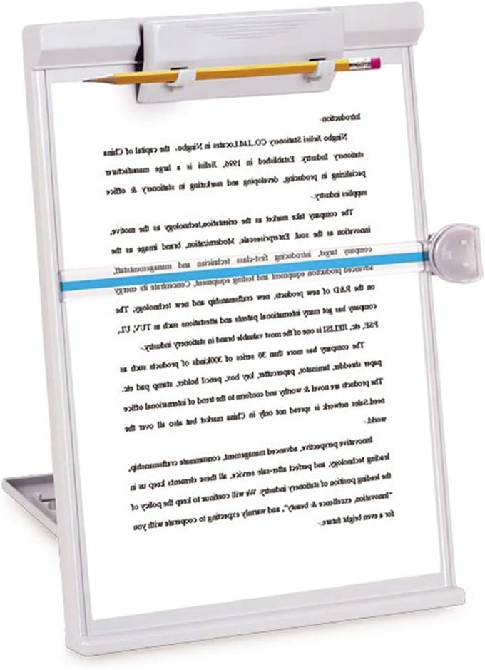 Verstelbare documenthouder voor A4-documenten met lijngeleiding en handige opbergfunctie, zwart