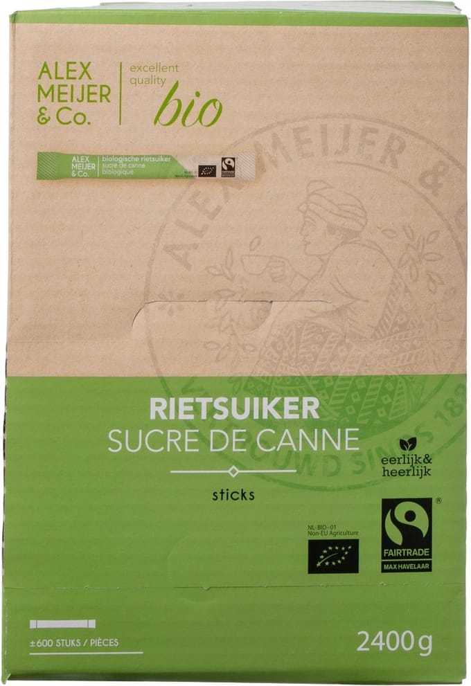 Rietsuikerstaafjes XL Doos met 600 stuks van 4 gram Biologisch Alex Meijer