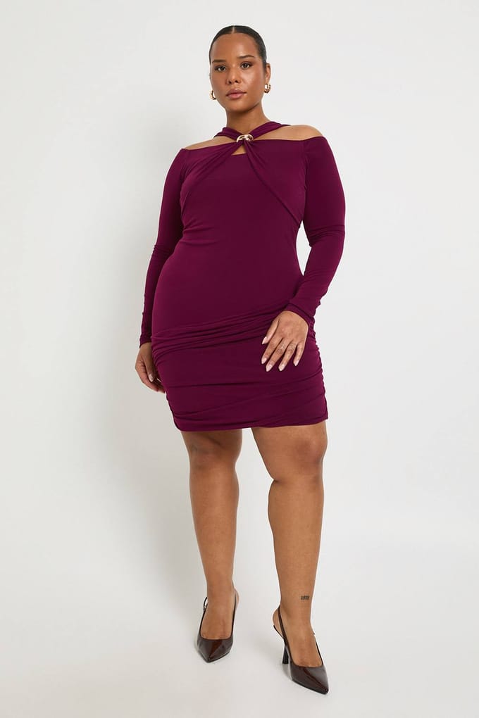 boohoo Dames Plus lange mouw Halter gouden rand minijurk | Pruim | Maat: 46
