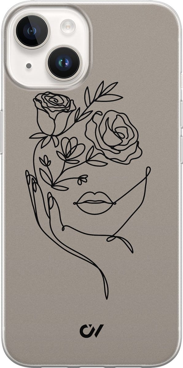 Hoesje geschikt voor Apple iPhone 14 - Oneline Face Flower - - Grijs - Apple - Casevibes