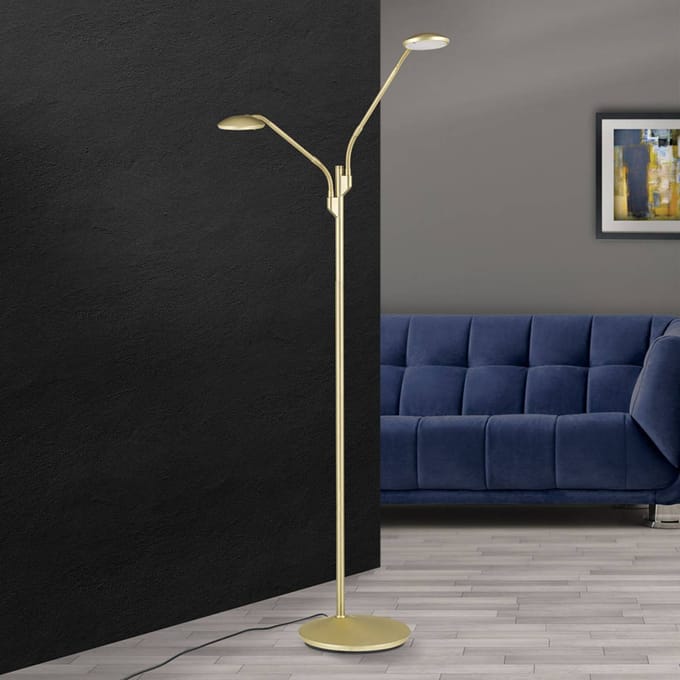 ORION LED vloerlamp Cobra, 2-lamps, messing-mat
